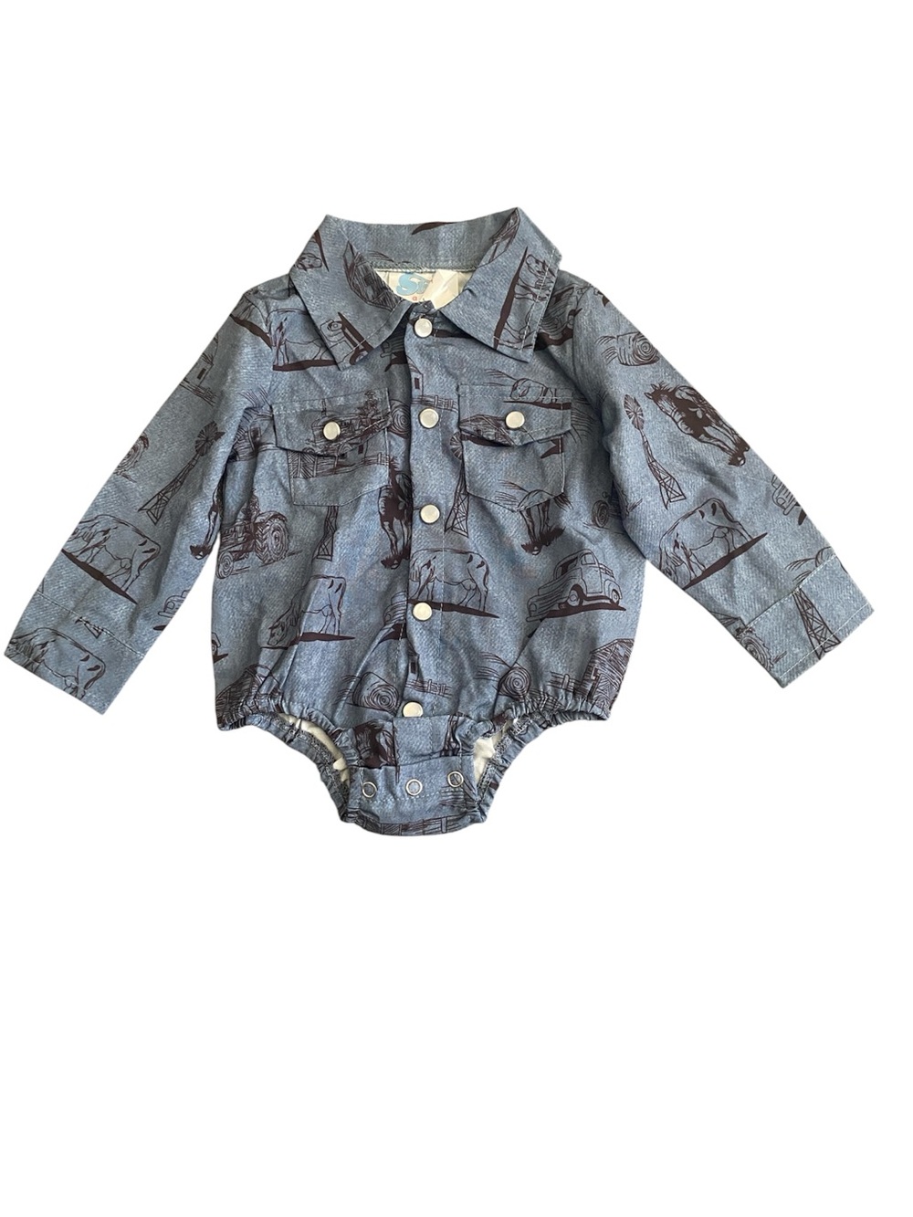 Shea Baby Blue Kids Bodysuit with Farm Print